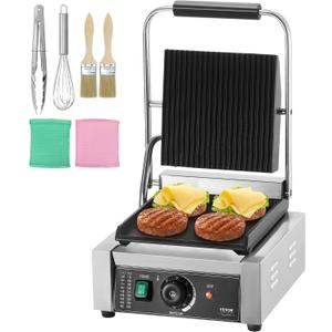 VEVOR Commercial Panini Grill, 1800W Electric Sandwich Panini Maker, Stainless Steel Sandwich Press Grill, Panini Grill with Temp Control & 9"x9" Flat Enamel Plate, for Hamburger Steak Bacon