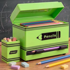Plastic Pencil Dispenser for Classroom with Wooden Eraser Holder, Green