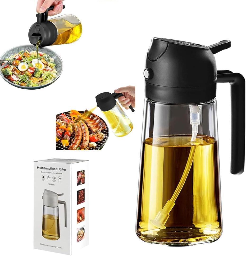 Fvaq 16oz/470ml Olive Oil Sprayer for Cooking - 2 in 1 Olive Oil Dispenser for Kitchen Gadgets, Food-grade Oil Mister for Air Fryer, Salad, Frying, BBQ (Black)