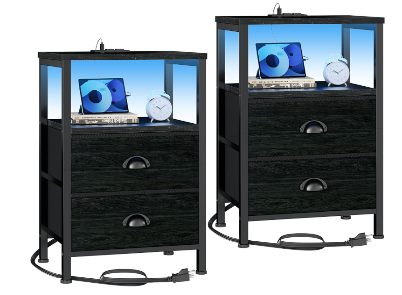 Furologee Nightstands Set of 2, End Tables with Charging Station and LED Lights, Black Night Stands with 2 Fabric Drawers, Bedside Tables Set of 2 for Living Room/Bedroom,Black Oak