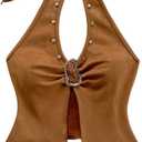 MakeMeChic Women's Halter Tops Cowboy Chic Studded Suede Tie Backless Fall Crop Tops (L)
