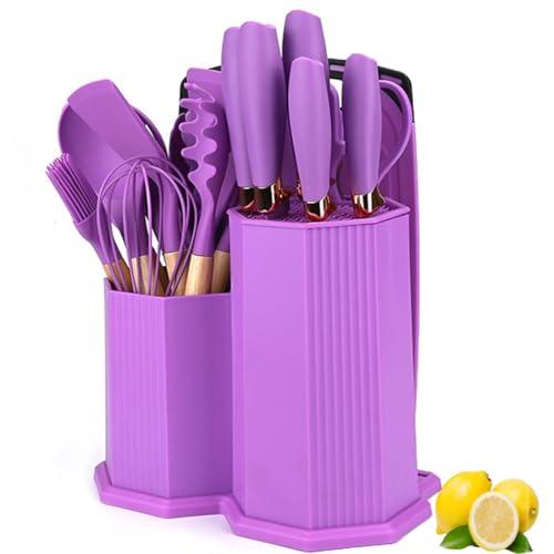 Kitchen Cooking Utensils and Knife Set with Holder Block, 19 Pieces Cooks Cutting Set 11 Pcs Silicone Cooking Utensils Sharp Stainless Steel Knives Scissors Whisk Tongs and Cutting Board (Purple)