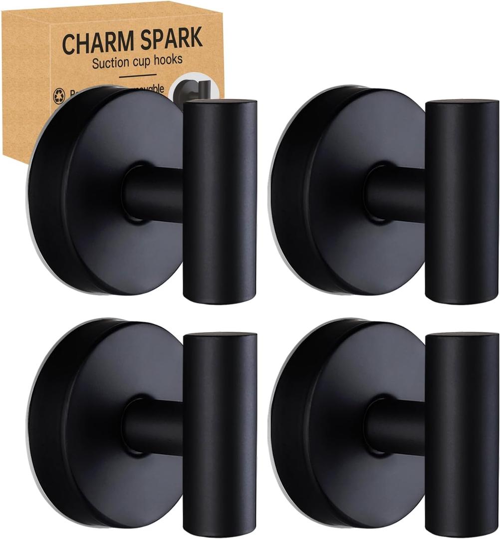 Suction Cup Hooks Bathroom Shower, Stainless Steel Removable and Reusable for Hanging Towels, Coats, Bathrobes, No Drilling Needed, Doesn't Hurt Walls Black 4(Pack)