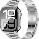 iiteeology Compatible with Apple Watch Band 42mm Series 11 Series 10, Upgraded Stainless Steel Band with iWatch Screen Protector Case for Men Women Silver/Silver