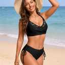 RIHOAS Women's Bikini Set Two Piece Swimsuit Modest Bathing Suit Twist Front Floral V Neck Top String Mid Rise Bottom (Black, XXL)