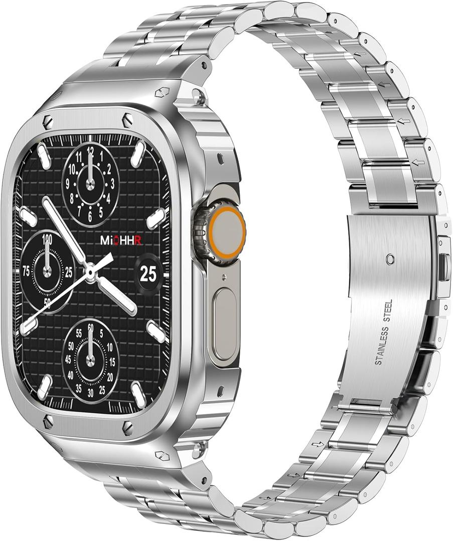 MioHHR Stainless Steel Watch Band with Case Compatible with Apple Watch Ultra3/2/1 Series 11 10 9 8 7 6 5 4 3 2 1 SE3/2/1, Metal Strap with Protective Cover for iWatch 49/46/45/44/42/41/40/38mm Men (Silver)
