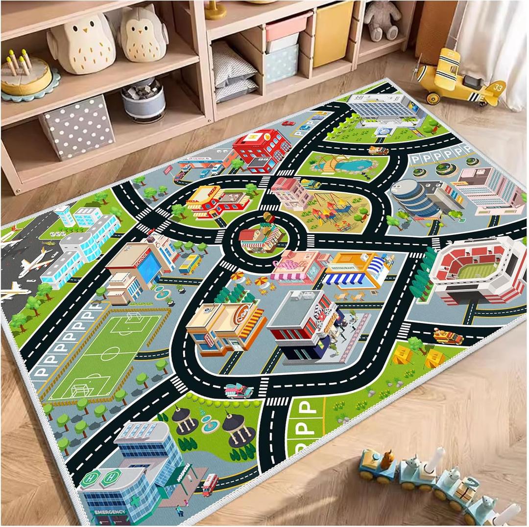 Kids Car Rug, Carpet Playmat for Toy Cars and Train, Road Traffic Play Mat for Kids, Play Area Rug with Non-Slip Backing, Ideal Gift for Children's Room playroom(3.34.9ft/3959in) (3'3" x 4'11", Car Track)
