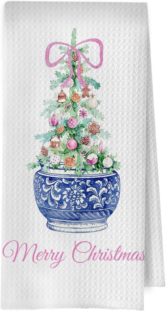 Chinoiserie Christmas Kitchen Towels - Pink Coquette Bow Waffle Decorative Dish Towels, Blue and White Porcelain Chinoiserie Hand Towel, Christmas Kitchen Bathroom Decor, 16x24 Inches (Christmas Tree- 07)