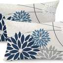 Blue and Gray Floral Pillow Covers 12x20 Set of 2 Outdoor Waterproof White Colored Decorative Throw Pillows Summer Pillowcase Polyester Cushion Case Decor for Couch Patio Funiture Garden Porch 01B12 (Dark Blue Grey)