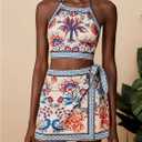 MakeMeChic Women's Boho 2 Piece Outfit Halter Backless Crop Tops and Wrap Skirt Skorts Travel Vacation Summer Set (M)
