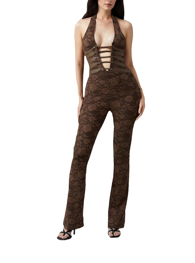 Women's Hollow Lace Tight Jumpsuit Sheer Mesh Sleeveless V Neck Bodysuit Bodycon Sexy Romper 2 Pc Outfits Clubwear, Large