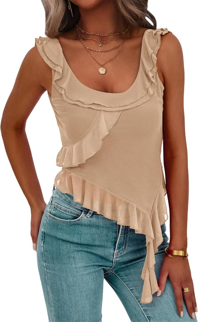 PRETTYGARDEN Women's Y2K Going Out Crop Top Summer Sleeveless Asymmetrical Mesh Tank Top Fitted Party Tops (M, Beige)