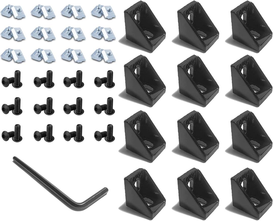 12Sets 2020 Series Aluminum Extrusion Black Connectors,12 pcs 2020 Aluminum Profile Corner Brackets,with 24 pcs Sliding T Nuts and Screws for 2020 Extrusion Extrusion Profile Accessories (12Set 1720 Black Bracket)