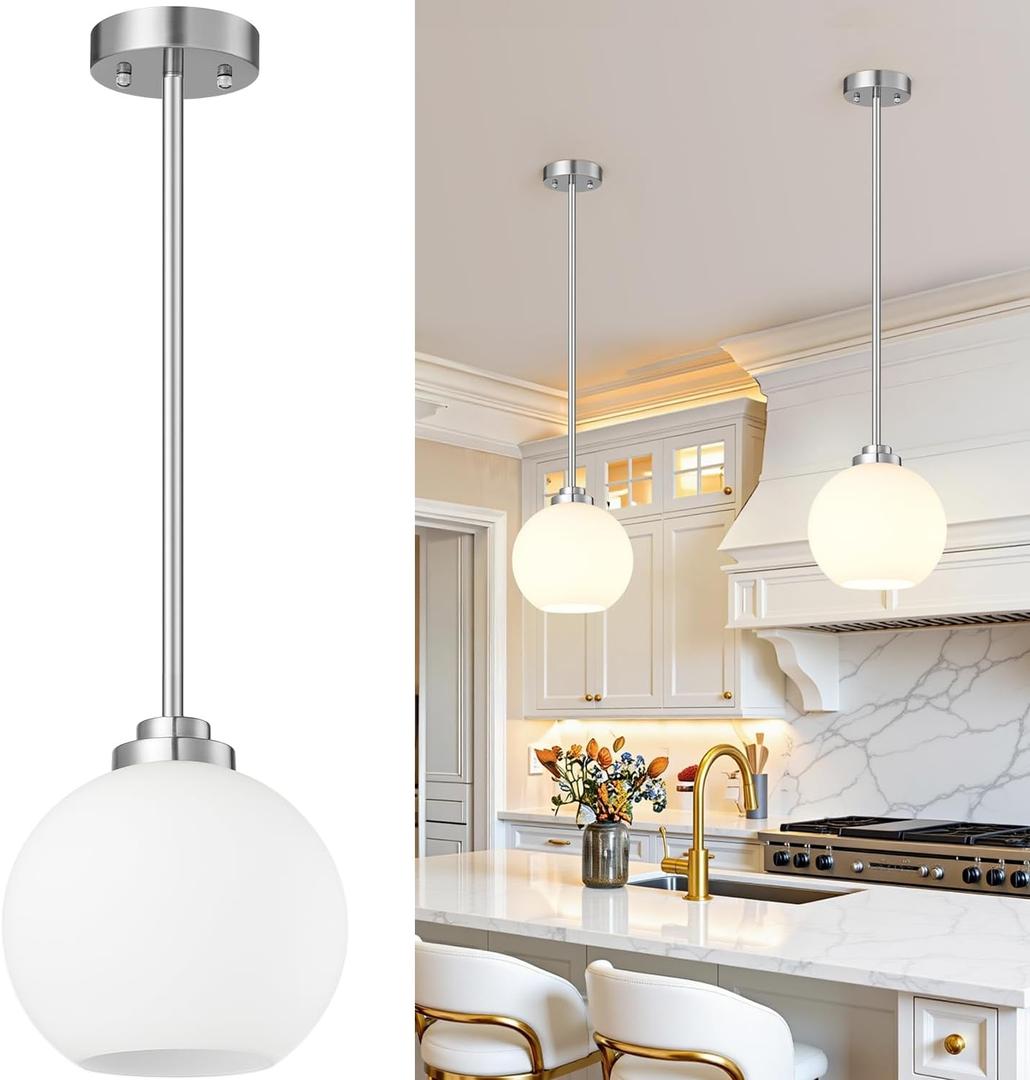 2 Pack 7.2-Inch Globe Pendant Lights, Mid Century Brushed Nickel Pendant Light Fixtures, Globe Pendant Lights Kitchen Island with Milk Glass Shade Hanging Fixture for Dining Room Bulbs not Included