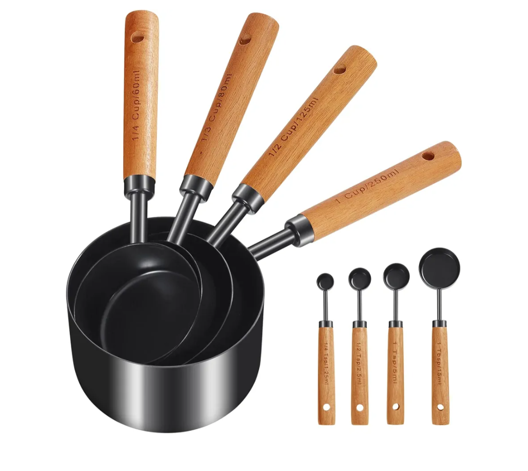 GuDoQi 8pcs Measuring Cups and Spoons Set Wood Handle Golden Stainless Steel Measuring Cups and Spoons，Measurements, US Measurements Dry & Liquid Kitchen Measure Set for Cooking and Baking, Black