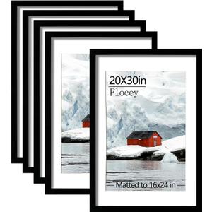 20x30 Picture Frame Set of 5, Black Poster Frame, Display Pictures 16 x 24 with Mat or 20 x 30 Without Mat for Horizontal or Vertical Wall Mounting, Wall Gallery Frame