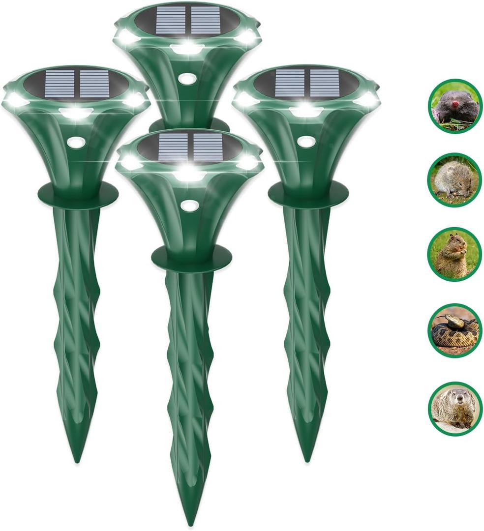 Mole Repellent Solar Powered Ultrasonic Solar Mole Deterrent Stakes for Lawn, Gophers Groundhog Snake Voles Rat Repellent for Yard Outdoor, Auto LED Lights at Night (Pack of 4)