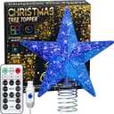 Blue Christmas Tree Star Topper with Lights, 8.5-Inch Light-Up Christmas Tree Topper with Remote Control, 4 Brightness Levels & 8 Light Modes, Faux Mercury Glitter Design with 20 Lights