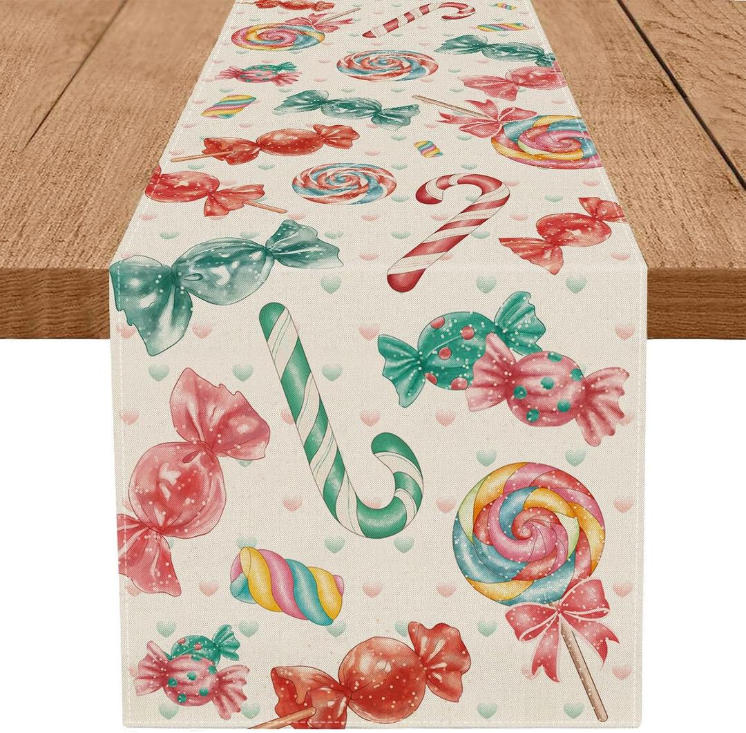 Candy Christmas Table Runner Candyland Table Runners Seasonal Kitchen Dining Table Decoration for Winter Home Party Banquet Decor 13x72 Inch