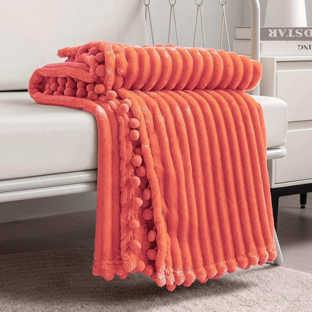 DISSA Fleece Blanket Throw Size  51x63, Coral  Soft, Plush, Fluffy, Fuzzy, Warm, Cozy  Perfect Throw for Couch, Bed, Sofa - with Pompom Fringe - Flannel Blanket Throw Blanket