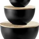 JOYMAY Salad Bowl with Lid, Mixing Bowl Salad Bowl Set, Natural Bamboo Fiber Serving Bowl Set of 3 with Bamboo Wood Lid, Nesting Bowls for Salads,Pastas(Black,10",8",6"), Large