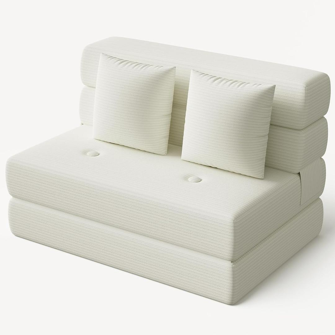 Folding Sofa Bed, One-Piece High-Density Foam Sleeper Chair, Beige, Twin | Convertible Chair & Couch Bed with Pillow, Multi-Purpose Futon Chair, Corduroy Floor Sofa for Living Room, Office, Apartment