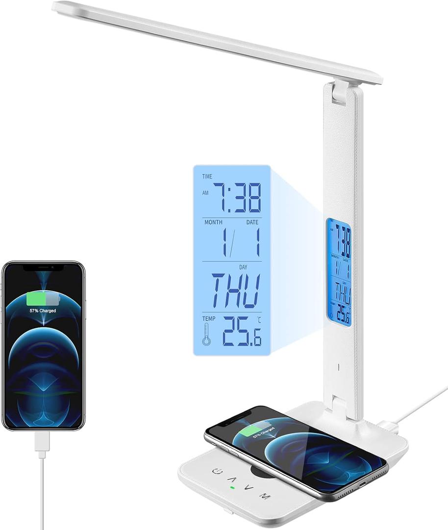LED Desk Lamp with Wireless Charger, USB Charging Port, Office Table Lamp with Clock, Alarm, Date, Temperature for Home Office, White