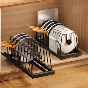 2 Pack Pots and Pans Organizer Under Cabinet, 21.6" Deep Pull Out Pot Lid Organizer Holder with Guardrail Adhesive Pot and Pan Holder Rack with 10 Adjustable Dividers(Black)