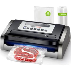 Bonsenkitchen Vacuum Sealer Machine, Globefish Technology for Perfect Vacuum Sealing, Powerful Low-Noise Food Vacuum Sealer with Easy Handle Design, Built-in Cutter & Bag Storage, 1 Bag Roll & 10 Bags (Silver Black)