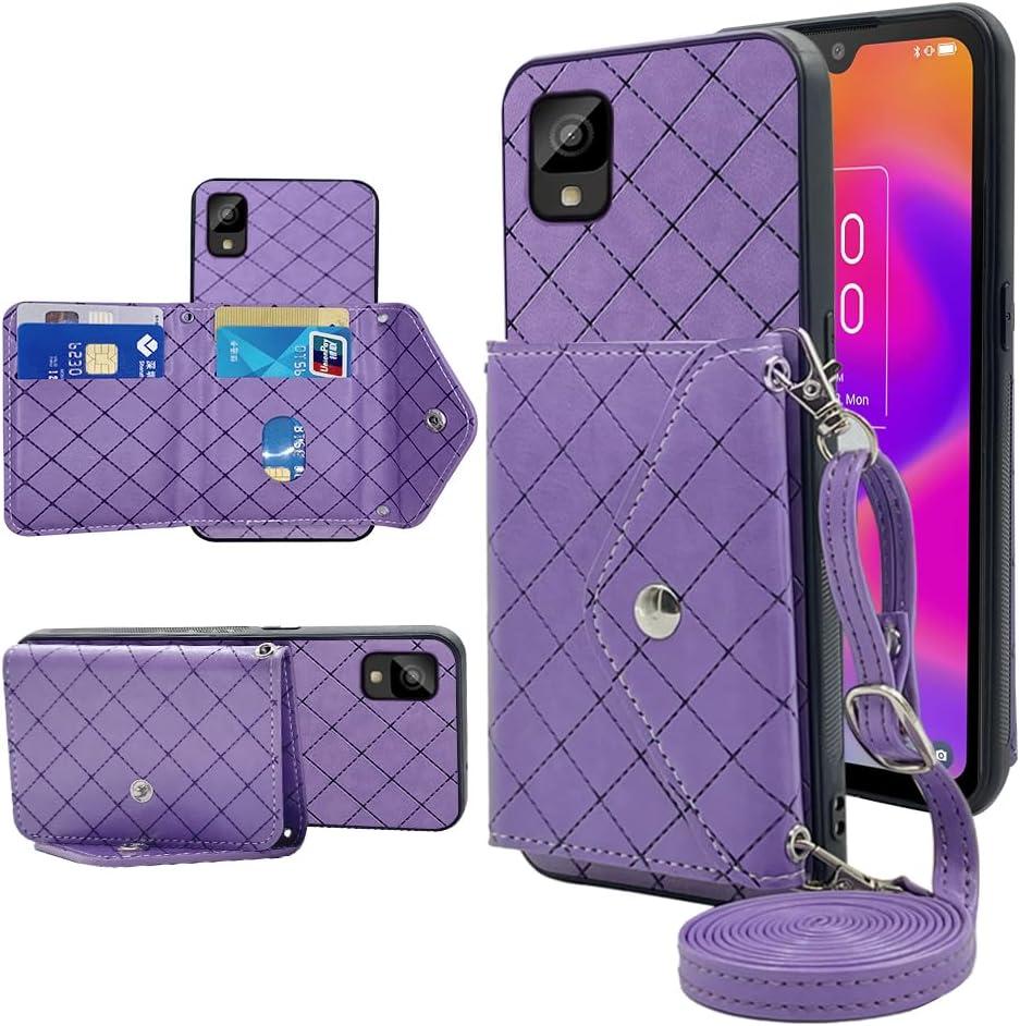 Compatible with TCL 30Z/30 LE T602DL Wallet Case with Crossbody Shoulder Strap and Stand Leather Credit Cell Accessories Phone Cover for TCL30Z 30 Z 30LE 4G LTE 2022 6.1 inch Women Purple