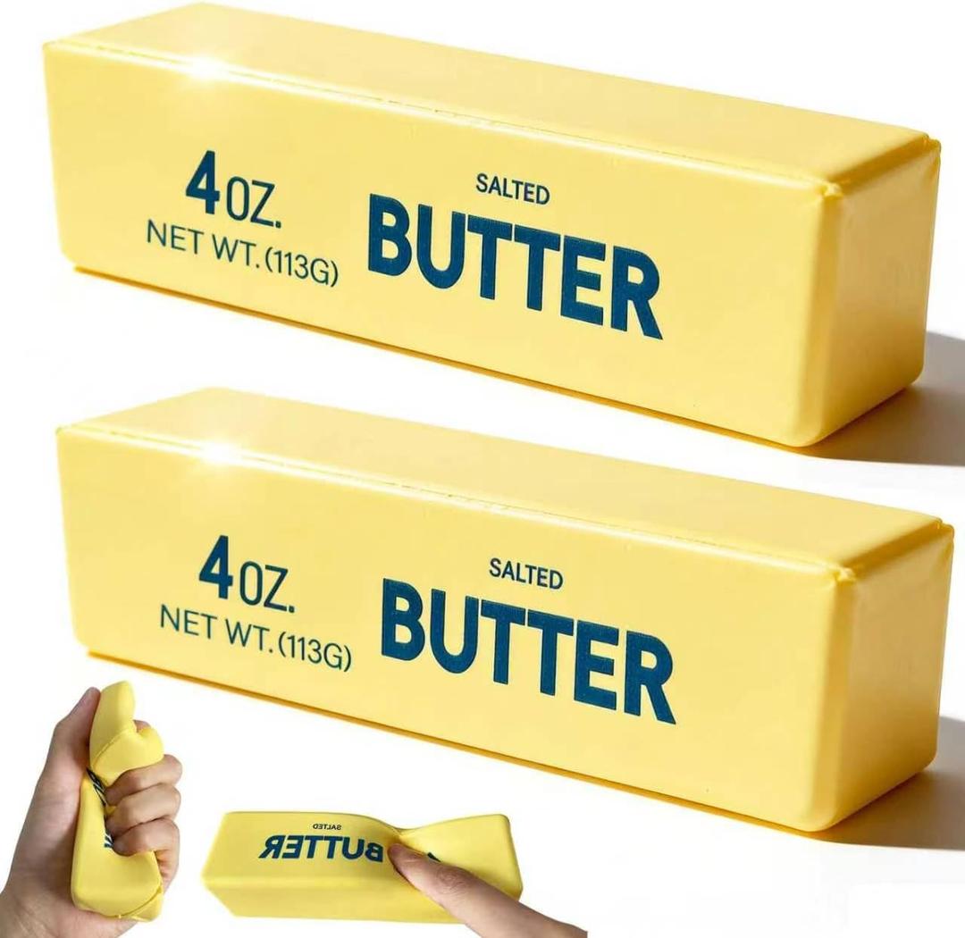 2 Pack Novelty Squeeze Stress Ball, Realistic Butter Shaped Fidget Toy, Slow Rebound Gel Stress Reliever for Adults, Office Desk Decor
