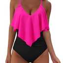 SUUKSESS Women Slimming Ruffle One Piece Swimsuits Ruched Tummy Control Bathing Suits (Hot Pink Black, Large Size)