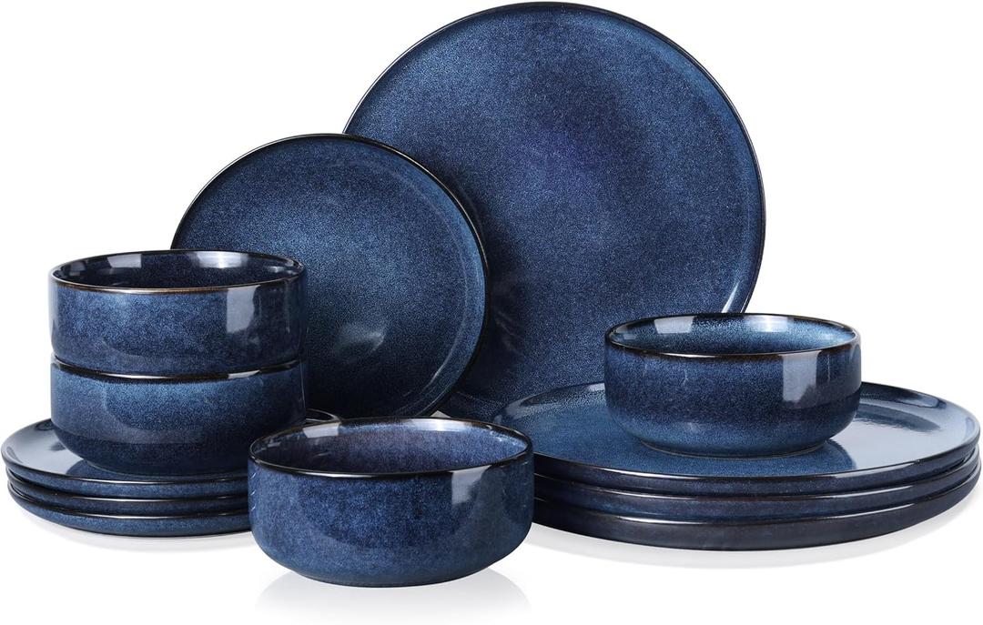 E-far Dinnerware Sets for 4, 12-Piece Stoneware Plates and Bowls Set, Reactive Glaze Dishes Dinning Ware, Microwave & Dishwasher Safe - Deep Sea Blue
