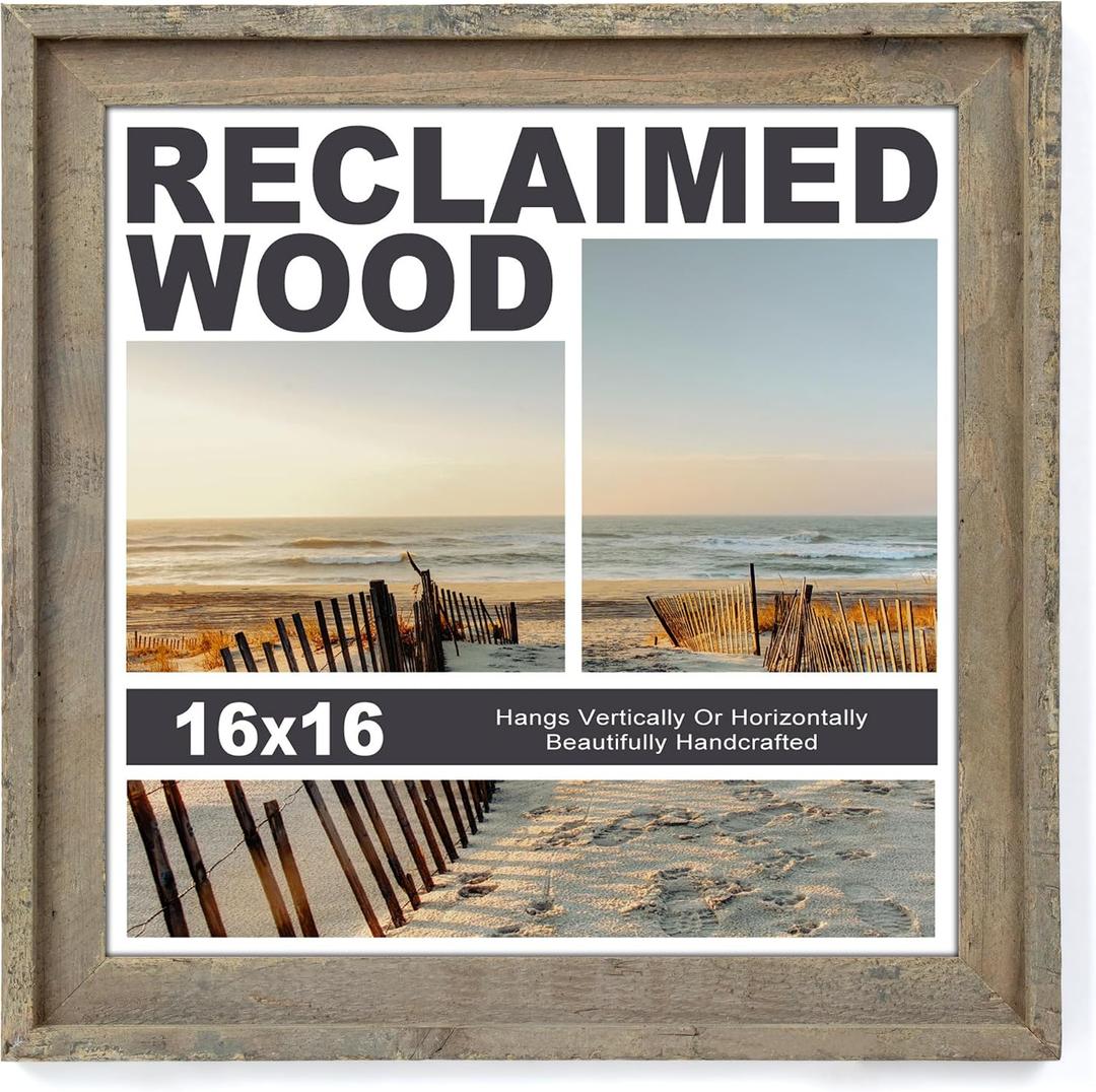 FLYJOE Rustic 16x16 Picture Frame, Reclaimed Barnwood Photo Frame with HD Tempered Glass, Distressed Family Art Gallery Corner, Horizontal and Vertical Wall Mounting Display with Hardware, Set of 1