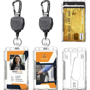 Badge Holder Retractable Clip Heavy Duty Carabiner Badge Reel Keychain with Lanyard ID Cards Holder(2 Pack)