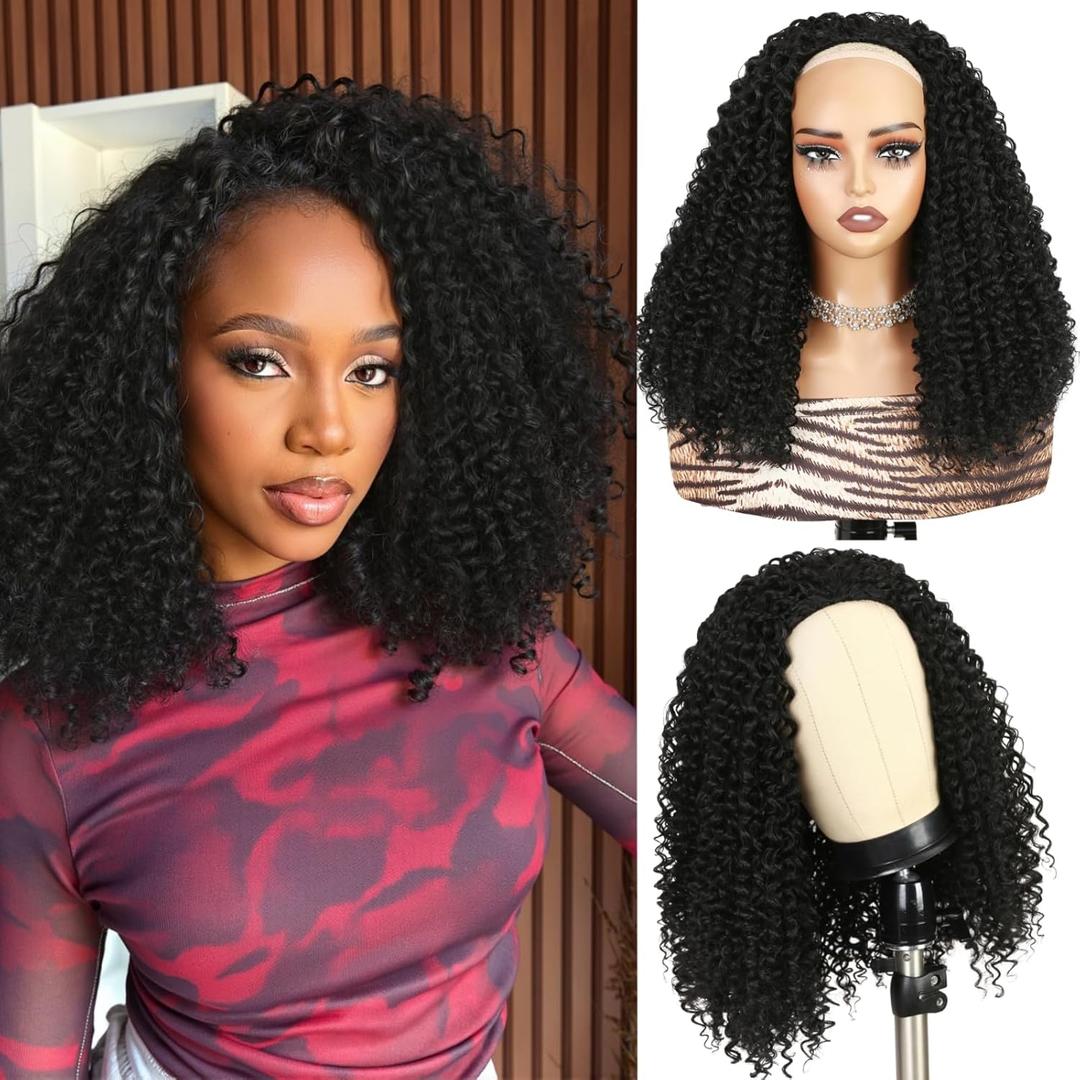 quickwig Curly Half Wig Water Wave Glueless Wigs 3 In 1 Seamless Short Half Wigs for Black Women Kinky Curly Half Wig Wear and Go Beginner Friendly Synthetic Headband Wig 16 Inch Black Color