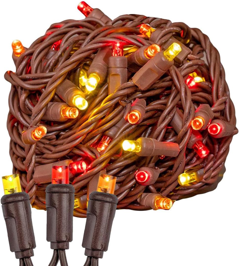 Novelty Lights 50ft 100 LED Yellow/Red/Orange Christmas String Lights, 6" Spacing on Brown Wire, UL Listed IP55 Commercial Grade Xmas Lights for Outdoor/Indoor, Dimmable, Connectable