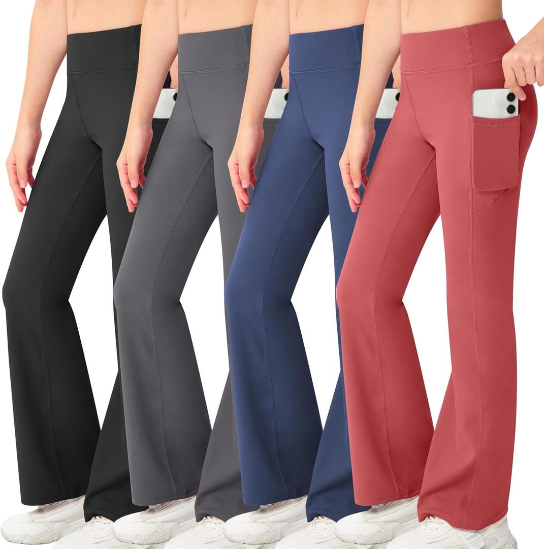 NORMOV Girl's Bootcut Yoga Pants with Pockets,High Waisted Casual Kids Bell Bottoms Pants (8-9 Years, 4packs(black+dark Grey+navy+watermelon Red))