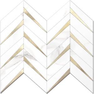 STICKGOO 10-Sheet Herringbone Tile Peel and Stick Backsplash, White Marble PVC Mixed Metal Gold Stick on Backsplash, Self Adhesive Wall Tile for Kitchen and Bathroom