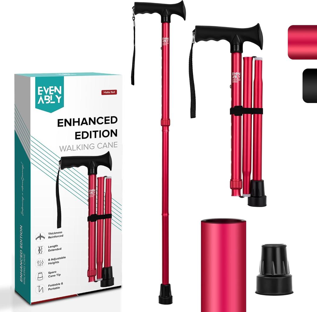 EVENABLY Enhanced Walking Cane (Thicker & Longer) - Foldable, Adjustable, Collapsible, Spare Tip, with Travel Bag | Versatile Walking Stick for Every Height, Weight, Seniors & Adults (Matte Red)
