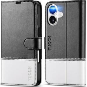 TUCCH Wallet Case for iPhone 17 (6.3") 2025, 4 Card Holders, RFID Blocking, Stand, Shockproof TPU Shell, PU Leather, Magnetic Closure, Protective Flip Folio Cover, Black & White