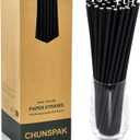 10 inch Long Disposable Black Paper Cocktail Straws & Stirrer Sticks, 250 Counts, Unwrapped - for Tall Drinks, Bars and Restaurants