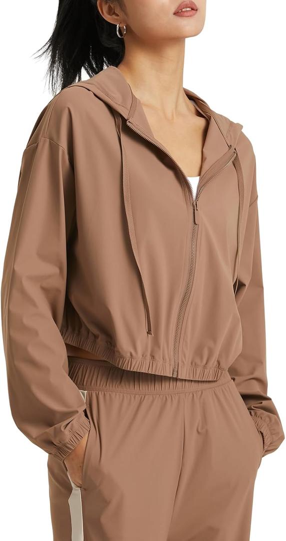 Wyeysyt Women's UPF 50+ UV Sun Protection Cropped Jackets Athletic Running Workout Shirts Zip Up Hoodie Outdoor Jackets(Brown-M)