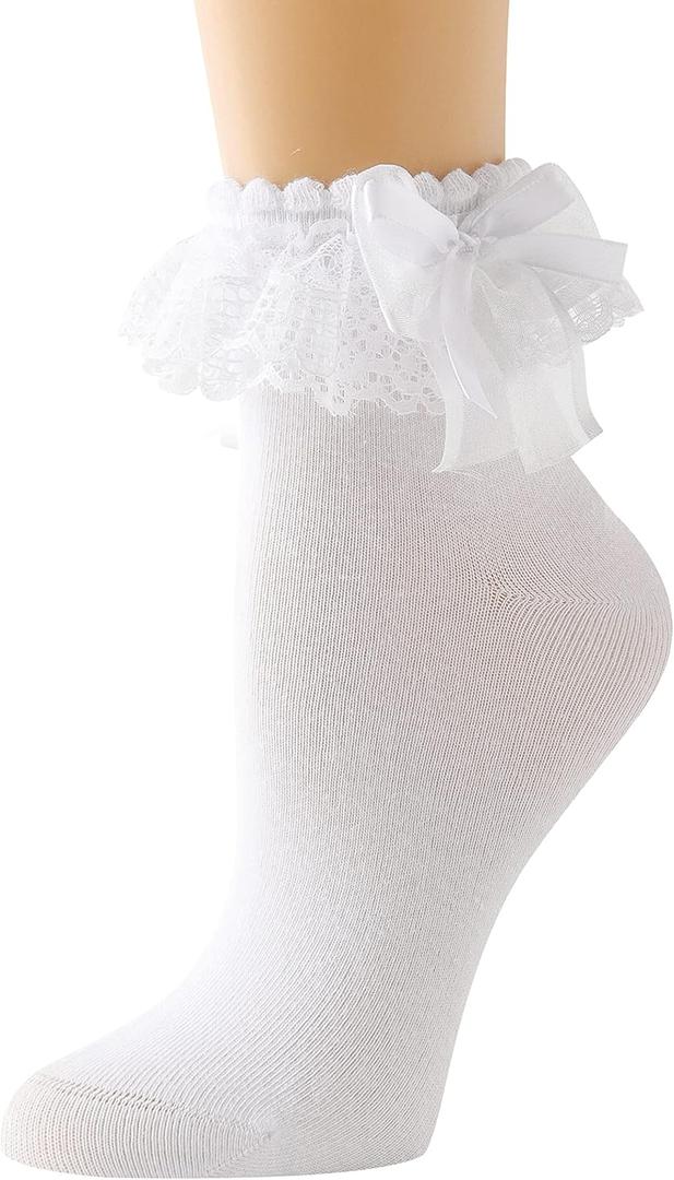 Lace Ruffle Frilly Socks for Women - Lace Ankle Socks with Bow (White)