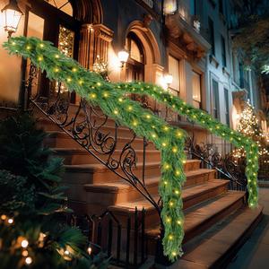 2-Pack Norfolk Pine Garland with Lights 6Ft, Artificial Christmas Garland for Stairs, Mantle, Wall, Table, Indoor and Outdoor Holiday Decor