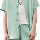 Arshiner Boy's Textured Button Up Shirt and Shorts Set 2 Piece Summer Beach Outfit for 5~12 Years Kids (7-8 Years, Light Green)