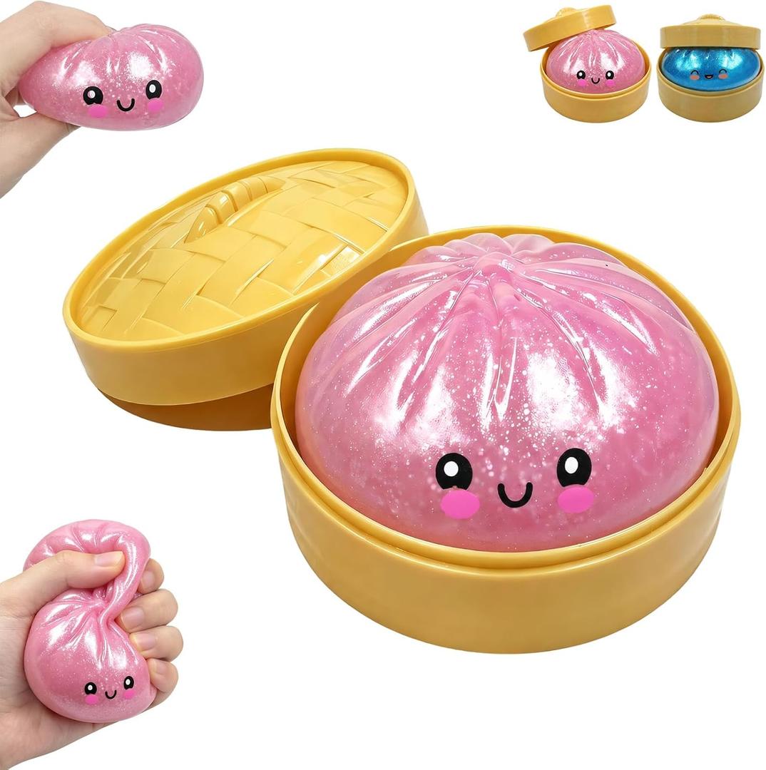 Glitter Dumpling Squishies, Dumpling Squishy Mystery Box, Colorful Dumplings Stress Balls Fidget Sensory Toy, Squeeze Dough Ball Stress Relief Toys with Food Steamer Stretchy Desk Toys(Glitter Pink)
