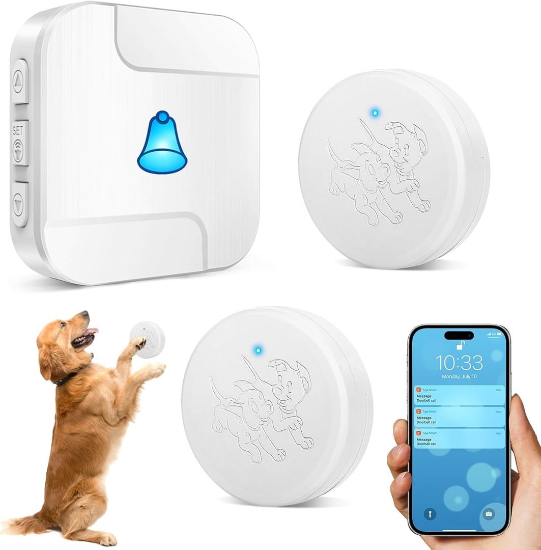 Smart Dog Bell for Potty Training Wireless Doggie Door Bell for Dog Puppy Training Sliding Door/Go Outside Doorbell and Waterproof Touch Button with Tuya (2 push button+ 1 smart receiver)