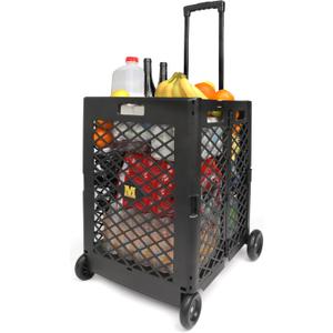 MaxWorks Foldable Rolling Utility Cart, Collapsible Hand Dolly with Telescoping Handle, 70 lbs Capacity, Lightweight Plastic Storage Crate, 16.5" x 15" x 39", No Assembly Needed