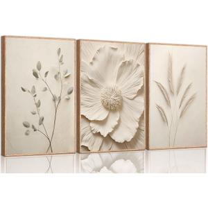 UZXTFQU 3Pcs Neutral Beige Floral Plant Poster Wall art Textured Flower Botanical Painting Picture Wall Decor Vintage Blossom Prints for Living Room Bedroom Bathroom Decor Unframed